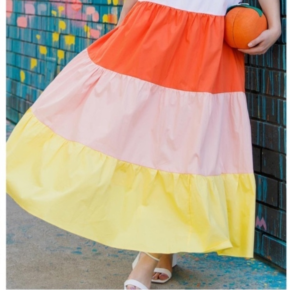 English Factory Midi Tiered Color Block Orange Peach Yellow Skirt with Belt- XS - Picture 3 of 12